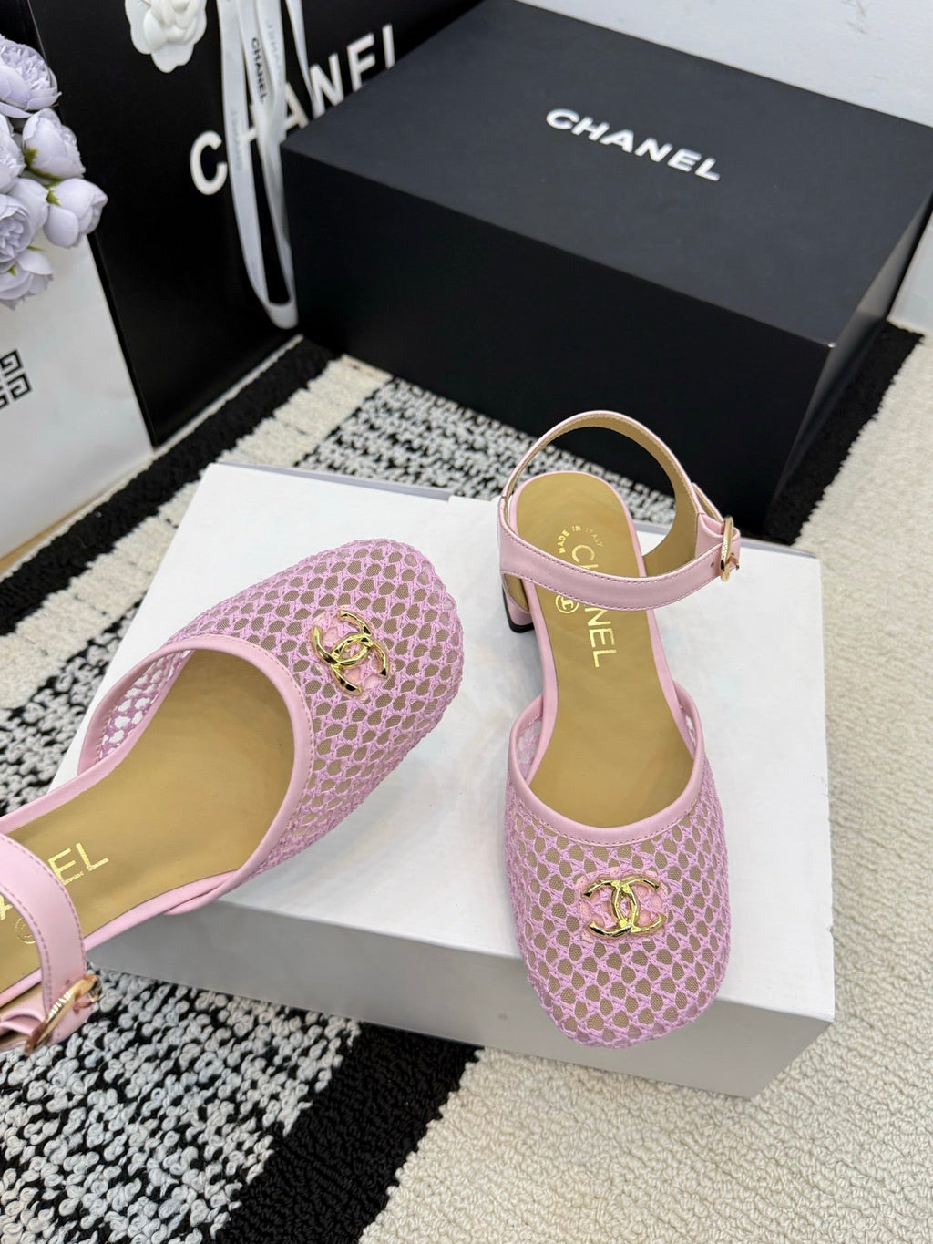 Chanel Square Toe Mary Jane Flats Pink in Mesh fabric 602170