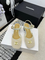 Chanel Square Toe Mary Jane Flats Off-white in Mesh fabric 602169