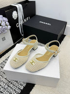 Chanel Square Toe Mary Jane Flats Off-white in Mesh fabric 602169