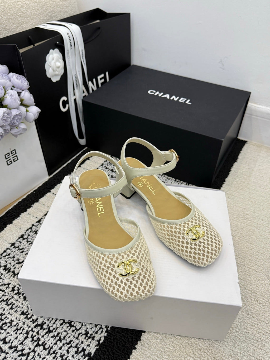 Chanel Square Toe Mary Jane Flats Off-white in Mesh fabric 602169
