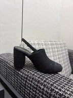 Chanel 26 Classic Chunky Heel Open Back Sandal 95 Black in Tweed Fabric 602499