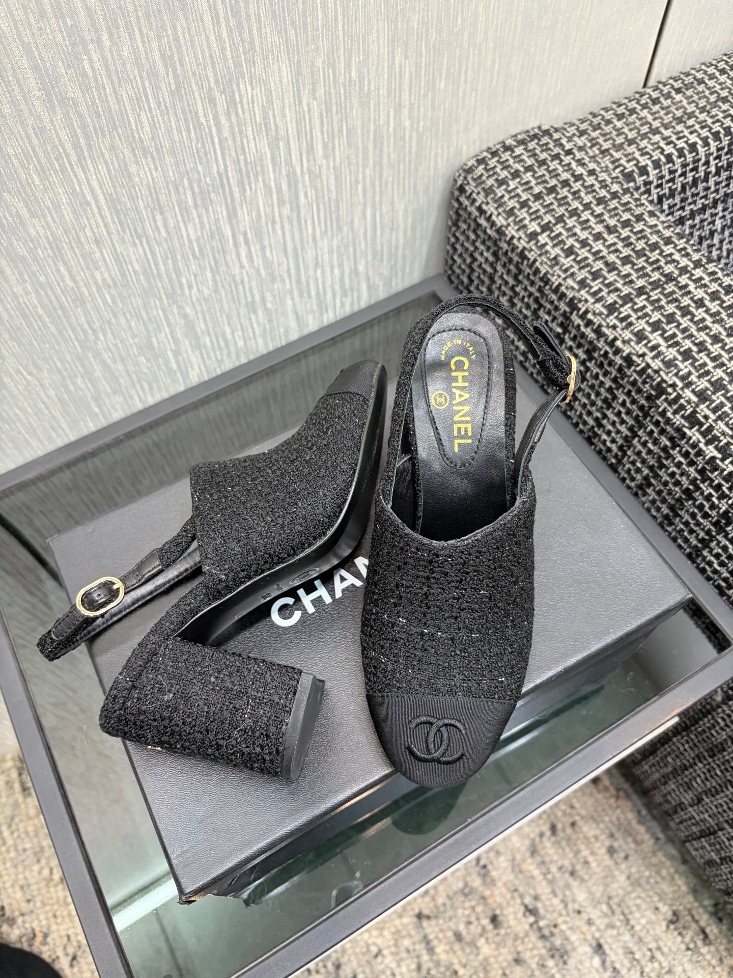 Chanel 26 Classic Chunky Heel Open Back Sandal 95 Black in Tweed Fabric 602499