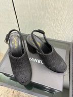 Chanel 26 Classic Chunky Heel Open Back Sandal 95 Black in Tweed Fabric 602499