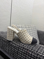 Chanel 26 Classic Chunky Heel Open Back Sandal 95 White in Tweed Fabric 602494