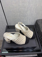 Chanel 26 Classic Chunky Heel Open Back Sandal 95 White in Tweed Fabric 602494