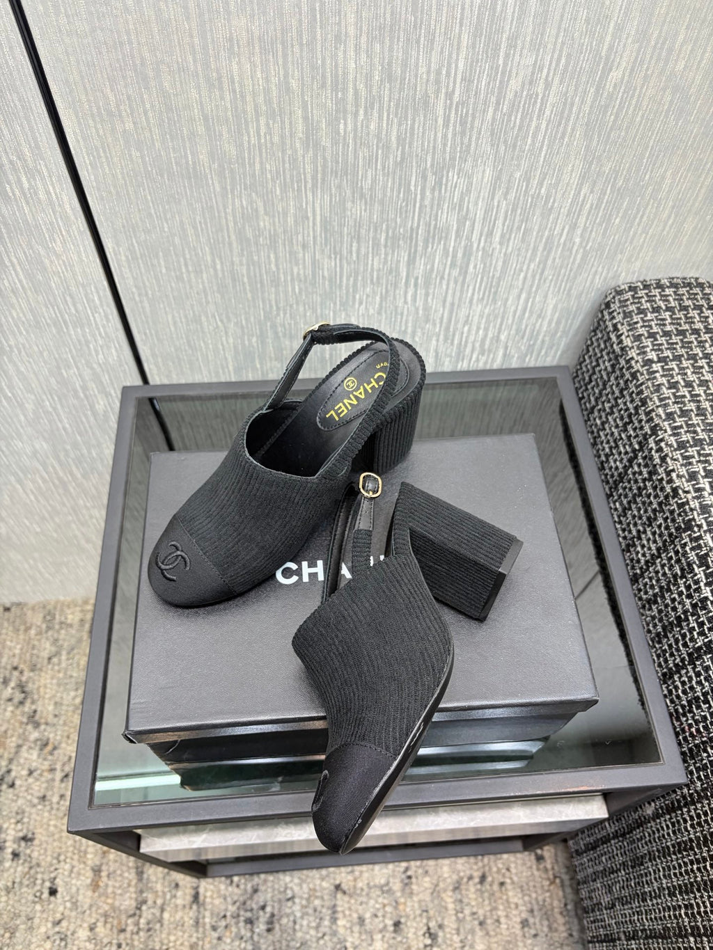 Chanel 26 Classic Chunky Heel Open Back Sandal 95 Black in Suede 602495