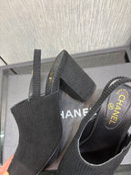 Chanel 26 Classic Chunky Heel Open Back Sandal 95 Black in Suede 602495