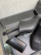 Chanel 26 Classic Chunky Heel Open Back Sandal 95 Black in Sheepskin 602497