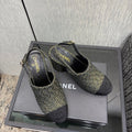 Chanel 26 Classic Chunky Heel Open Back Sandal 95 Olive Green in Tweed Fabric 602496