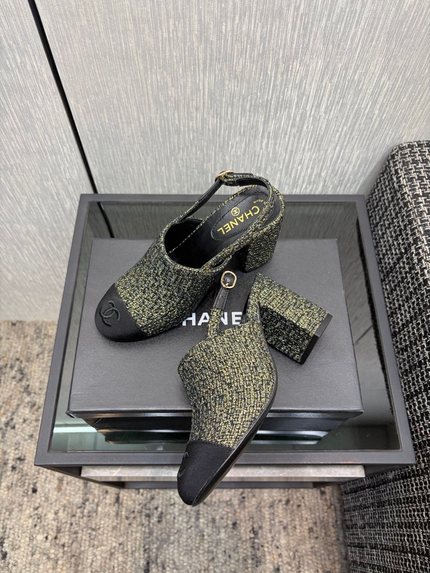 Chanel 26 Classic Chunky Heel Open Back Sandal 95 Olive Green in Tweed Fabric 602496