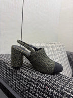 Chanel 26 Classic Chunky Heel Open Back Sandal 95 Olive Green in Tweed Fabric 602496
