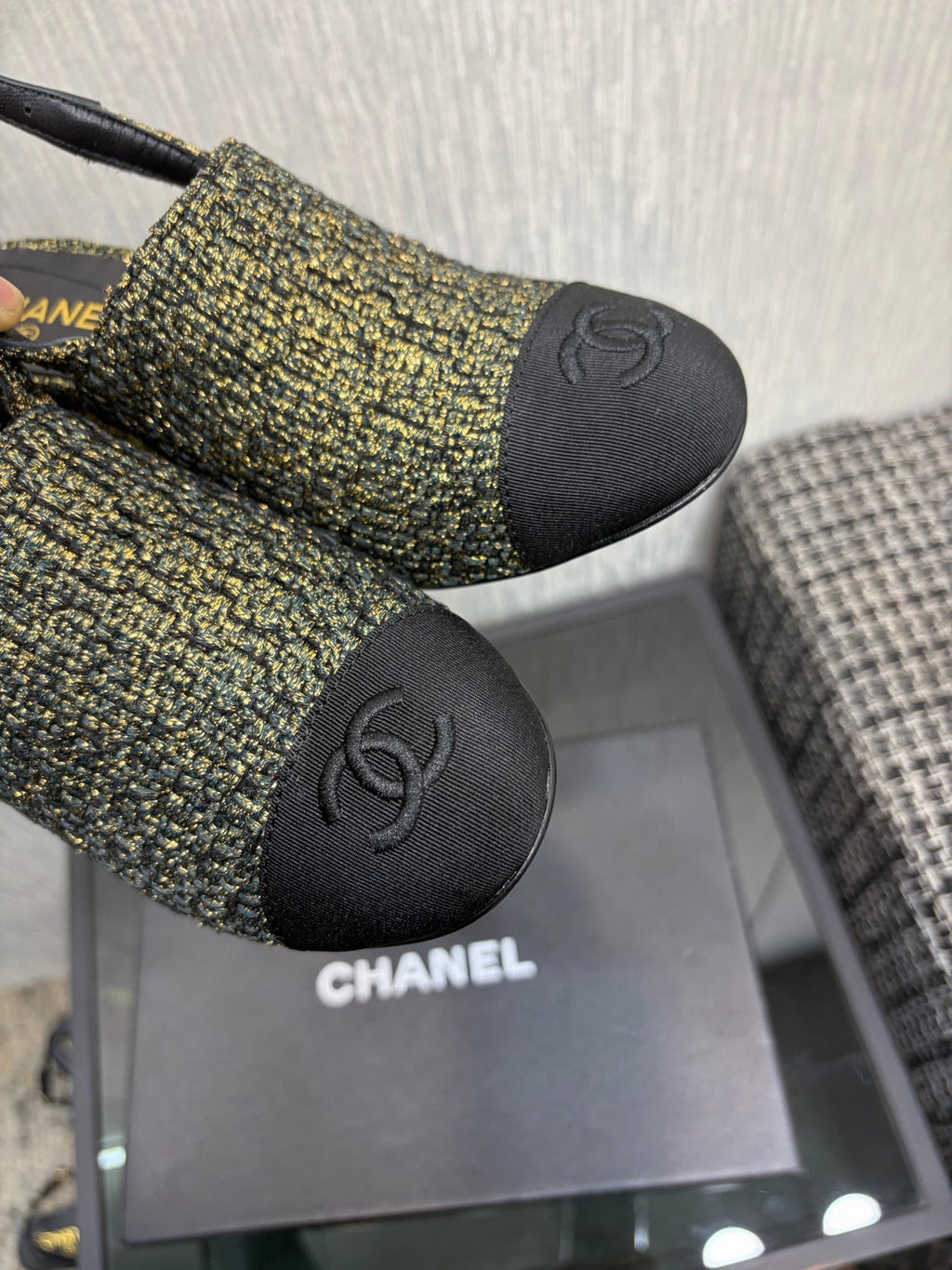 Chanel 26 Classic Chunky Heel Open Back Sandal 95 Olive Green in Tweed Fabric 602496