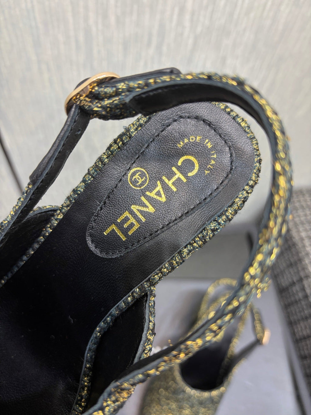 Chanel 26 Classic Chunky Heel Open Back Sandal 95 Olive Green in Tweed Fabric 602496