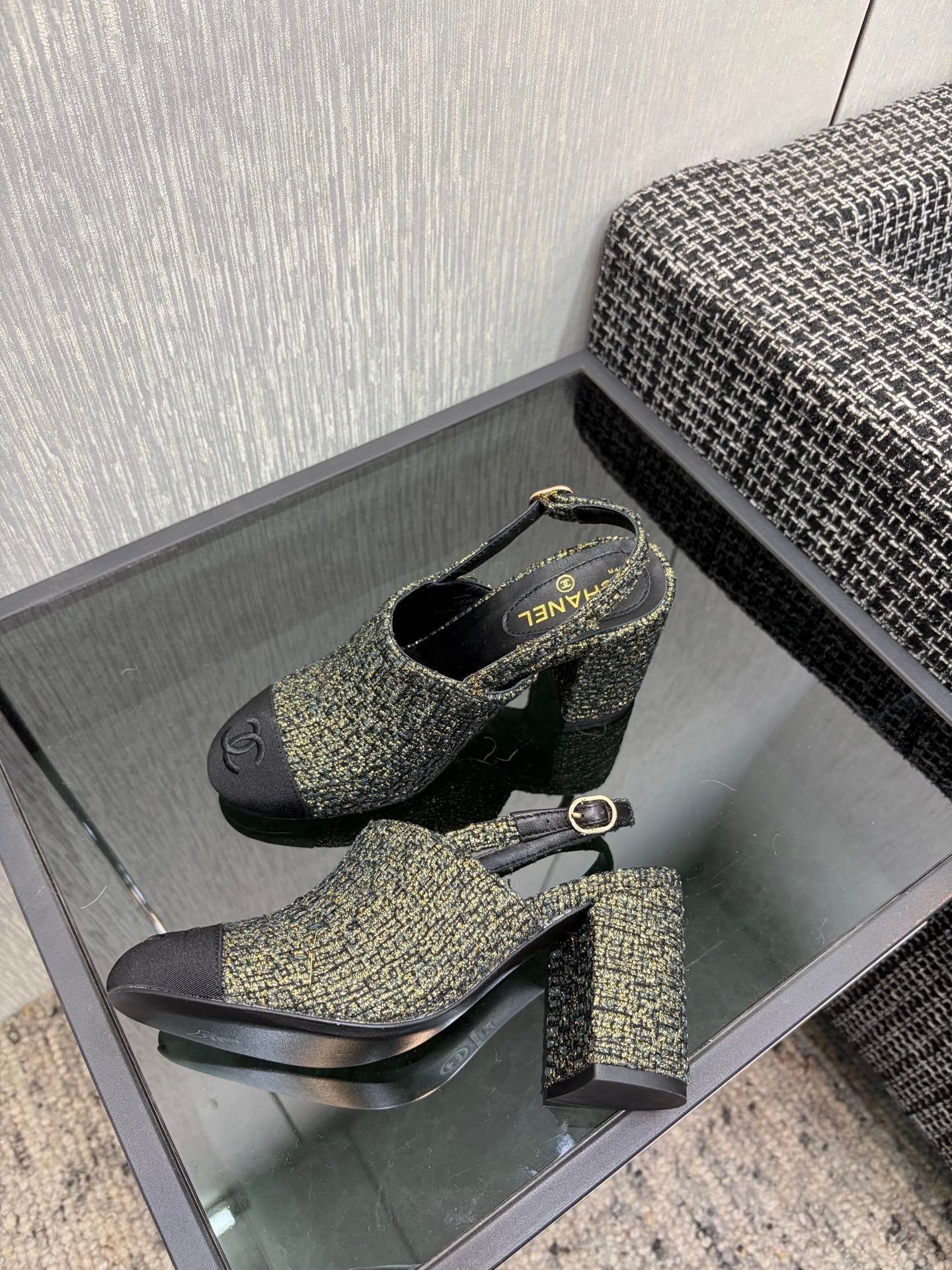 Chanel 26 Classic Chunky Heel Open Back Sandal 95 Olive Green in Tweed Fabric 602496