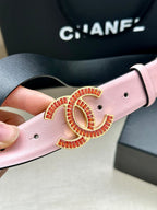 CC Women's Belt 3.0CM Pink Black Cowhide Red Buckle 616971