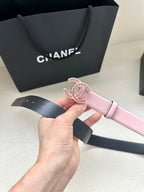 CC Women's Belt 3.0CM Pink Black Cowhide Red Buckle 616971