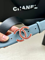 CC Women's Belt 3.0CM Light Blue Black Cowhide Red Buckle 616966