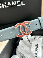 CC Women's Belt 3.0CM Light Blue Black Cowhide Red Buckle 616966