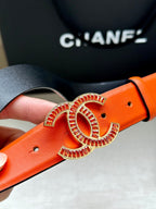 CC Women's Belt 3.0CM Orange Black Cowhide Red Buckle 616965