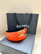 CC Women's Belt 3.0CM Orange Black Cowhide Red Buckle 616965