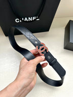 CC Women's Belt 3.0CM Black Cowhide Red Buckle 616961