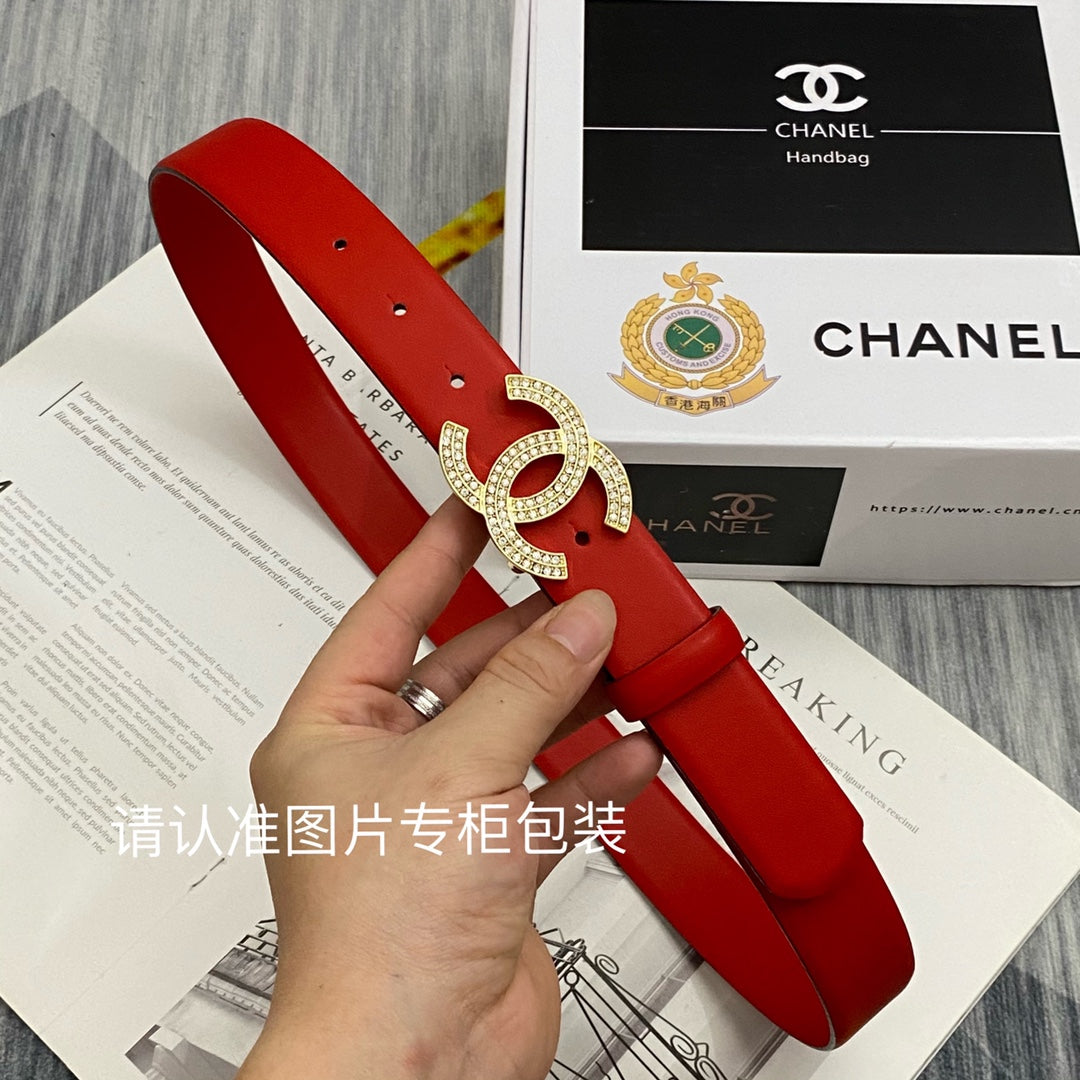 CC Women's Belt 3.0CM Red Cowhide Gold Buckle 586517