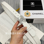 CC Women's Belt 3.0CM White Cowhide Sliver Pearl Buckle 586520