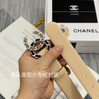 CC Women's Belt 3.0CM Beige Cowhide Gold Sliver Black Buckle 586518
