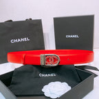CC Women's Belt 3.0CM Red Calfskin Sliver Black Buckle 572530