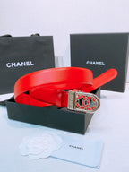 CC Women's Belt 3.0CM Red Calfskin Sliver Black Buckle 572530