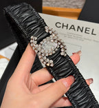 CC Elastic Waist Belt 3.0CM Black Calfskin Sliver Diamond Buckle 195955