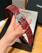 CC Elastic Waist Belt 3.0CM Red Brown Leather Sliver Diamond Buckle 195947
