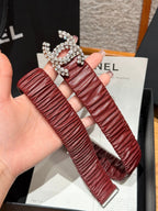 CC Elastic Waist Belt 3.0CM Red Brown Leather Sliver Diamond Buckle 195947