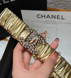 CC Elastic Waist Belt 3.0CM Metallic Gold Leather Sliver Diamond Buckle 195945
