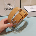 CC Belt 3.0CM Camel Brown Suede Sliver Buckle 198422