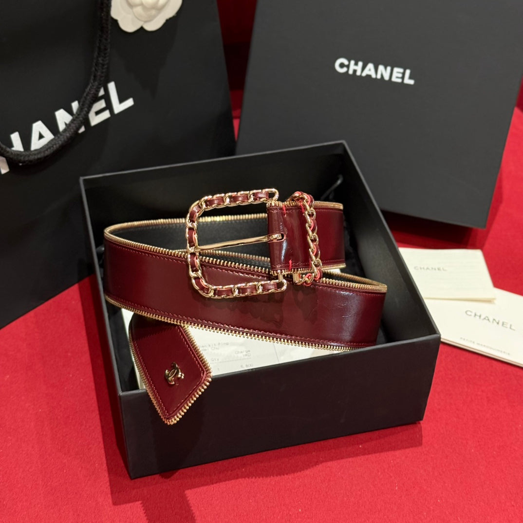 CC Zippered Belt 4.0CM Burgundy Leather Buckle 182744
