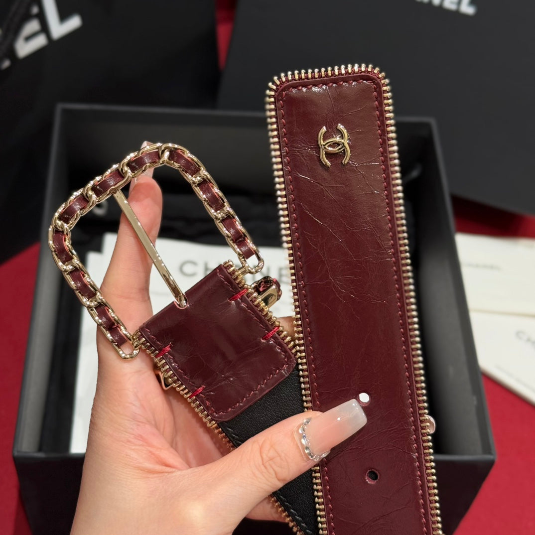 CC Zippered Belt 4.0CM Burgundy Leather Buckle 182744