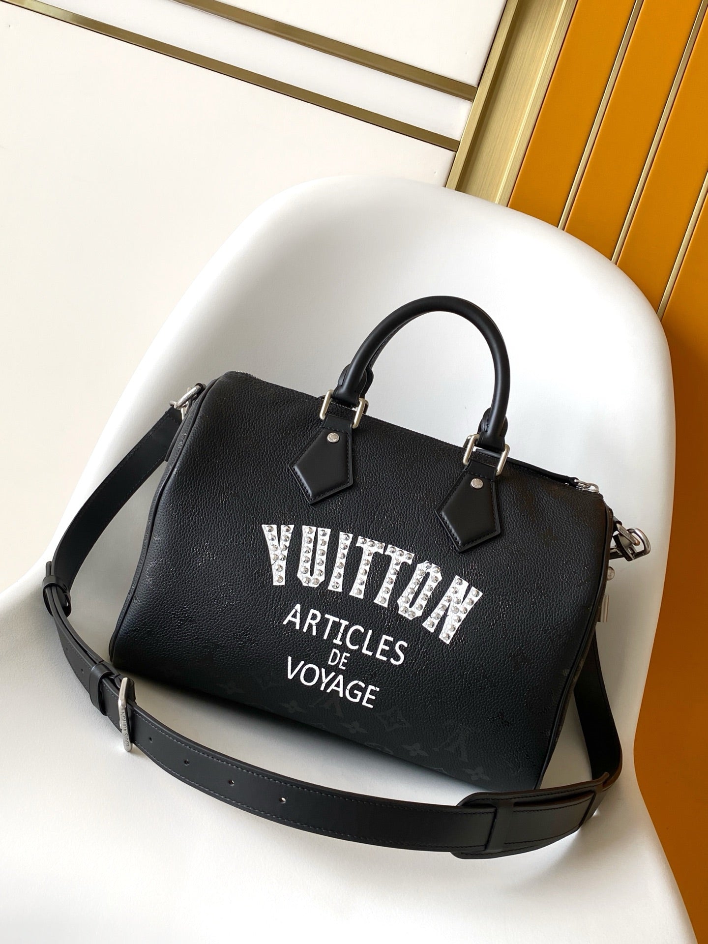 LV Speedy Bandoulière Handbag 40 Black in Monogram on Ostrich Leather 278120