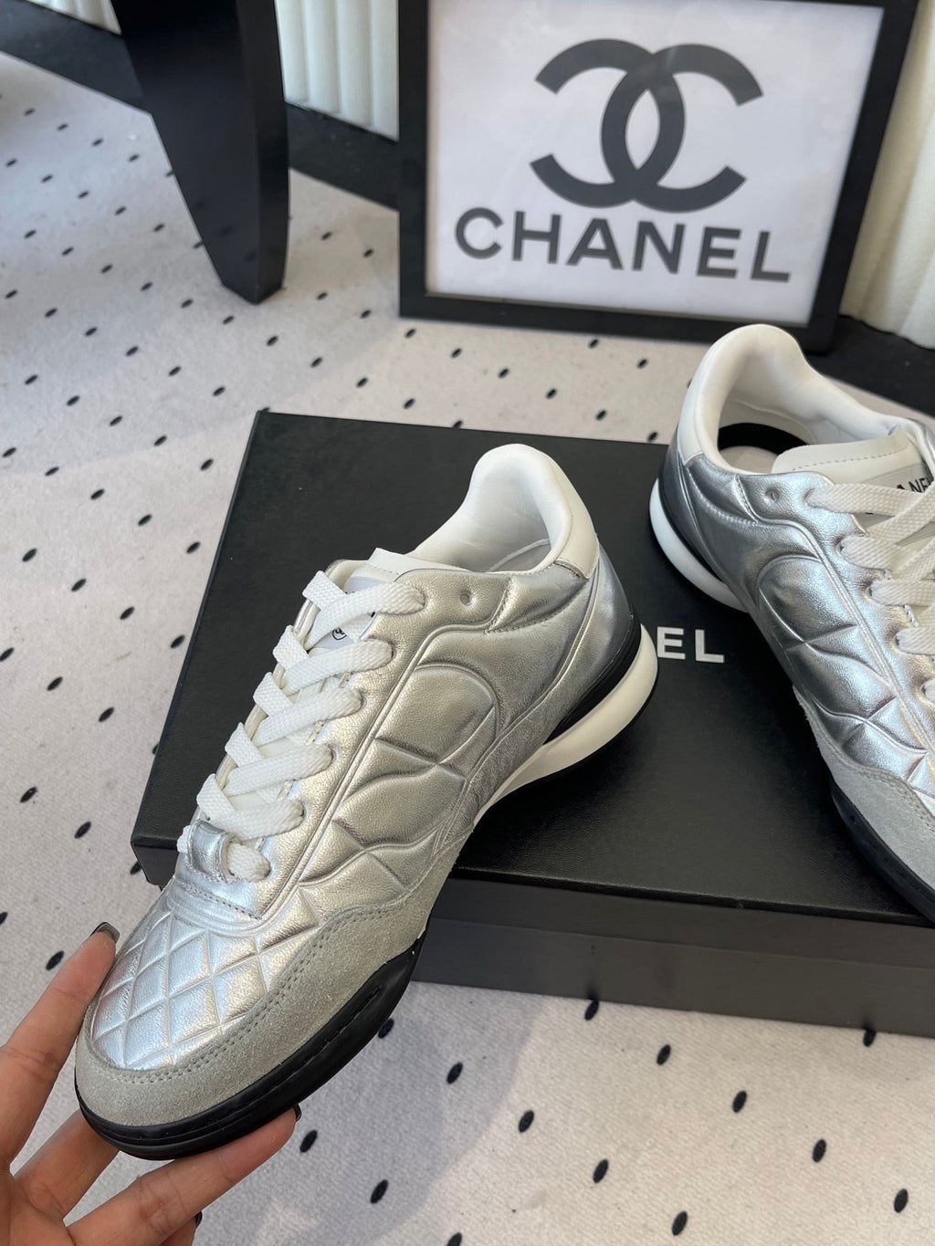 Chanel Coco Baseball Shoes Metallic Silver in Cowhide 611671
