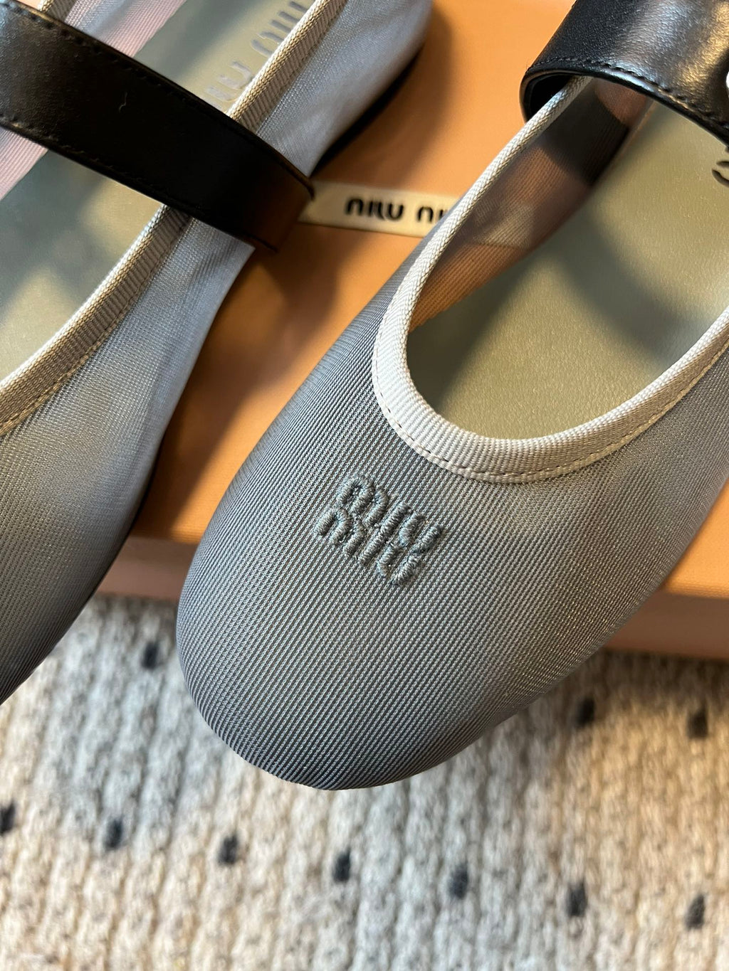 Miu Miu Women's Bow-Decorated Ballet Flats Gray in Mesh 614704
