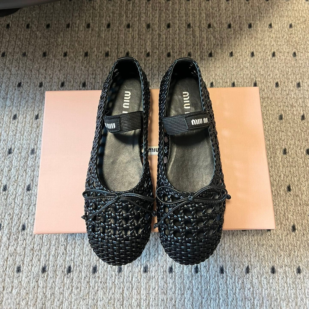 Miu Miu 26SS Ballet Flats Black in Sheepskin Leather Woven Mesh 614698
