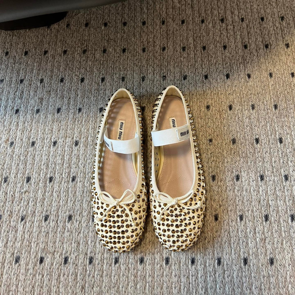 Miu Miu 26SS Ballet Flats Diamond-encrusted Cream in Calfskin 614696