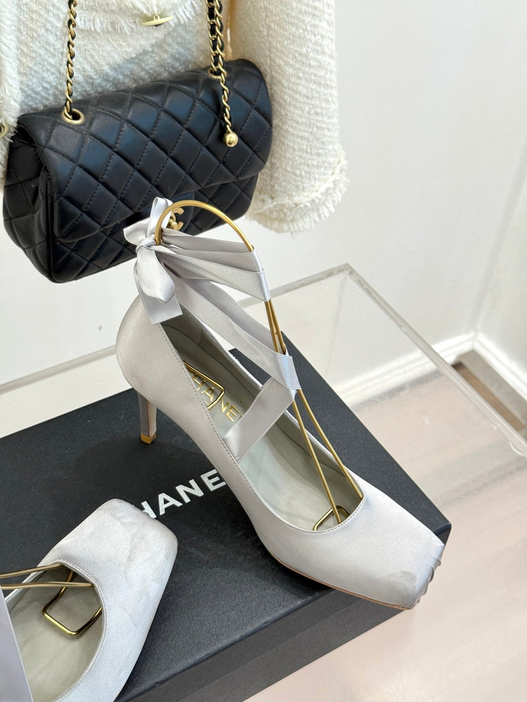 Chanel 26C Ballet High Heels Light Gray in Silk 616005