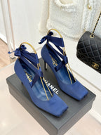 Chanel 26C Ballet High Heels Dark Blue in Silk 616004