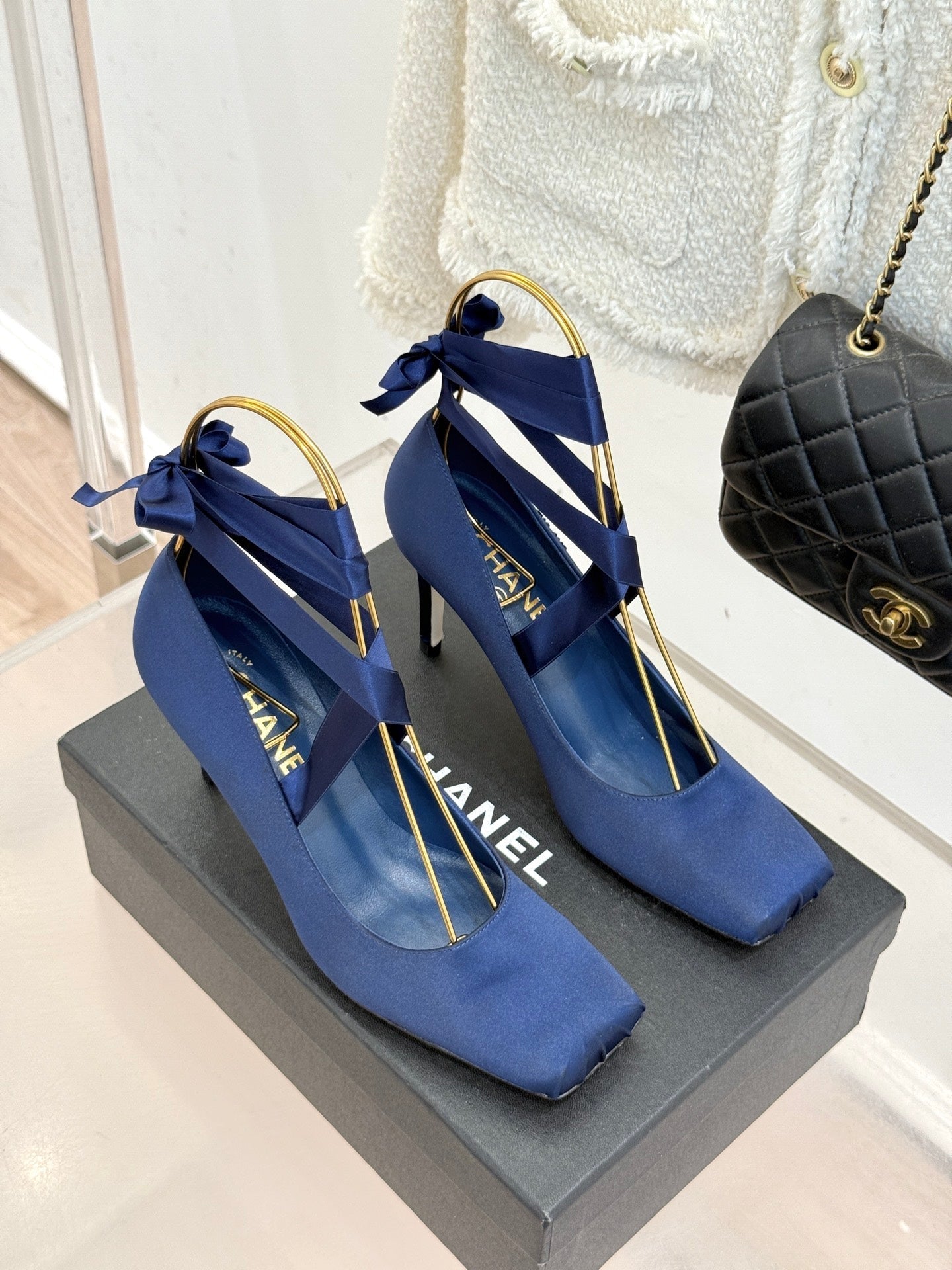 Chanel 26C Ballet High Heels Dark Blue in Silk 616004
