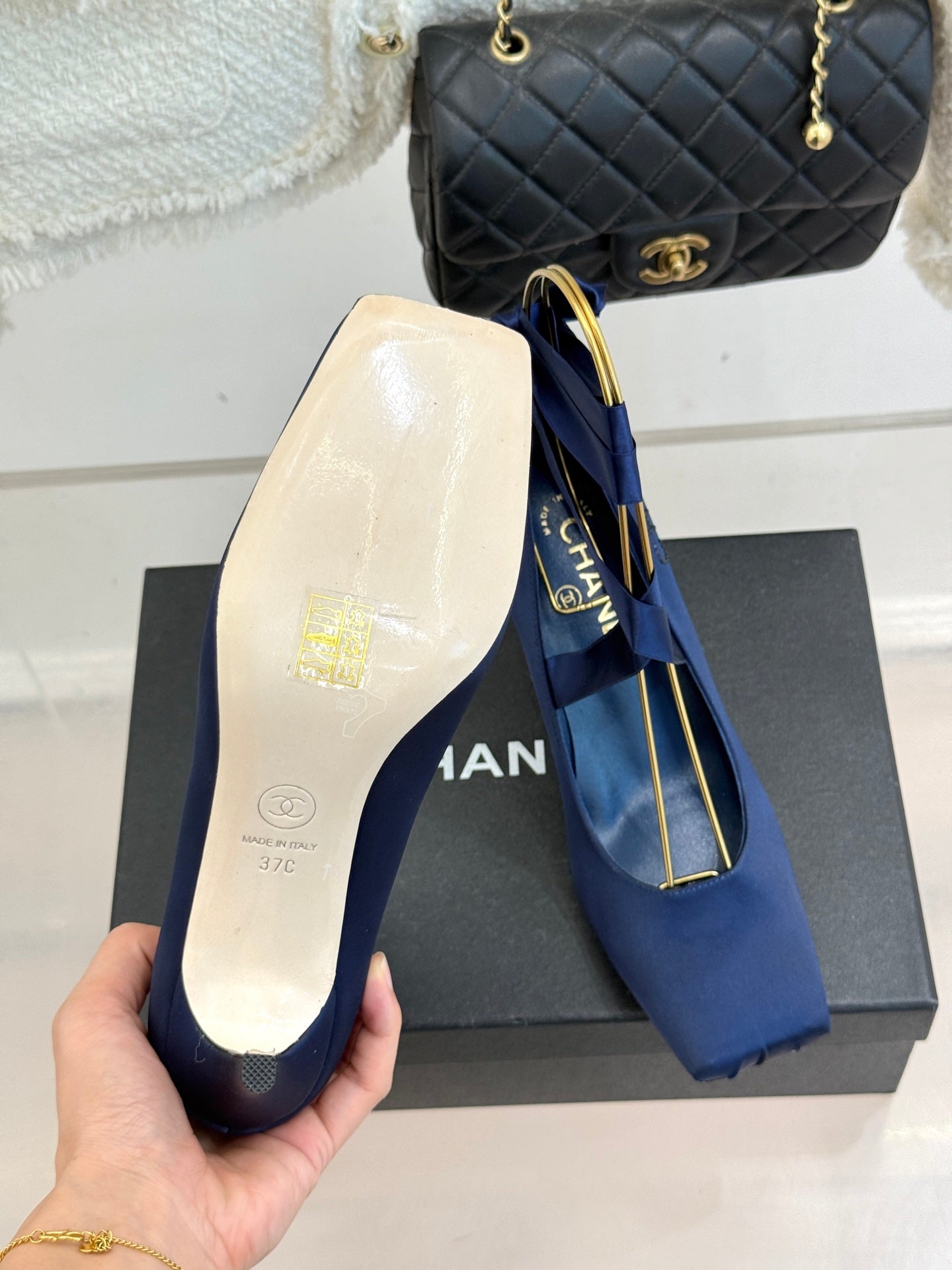 Chanel 26C Ballet High Heels Dark Blue in Silk 616004