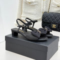Chanel 26C Chain Bow Chunky Heel Sandals Black in Cowhide 615992
