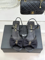 Chanel 26C Chain Bow Chunky Heel Sandals Black in Cowhide 615992