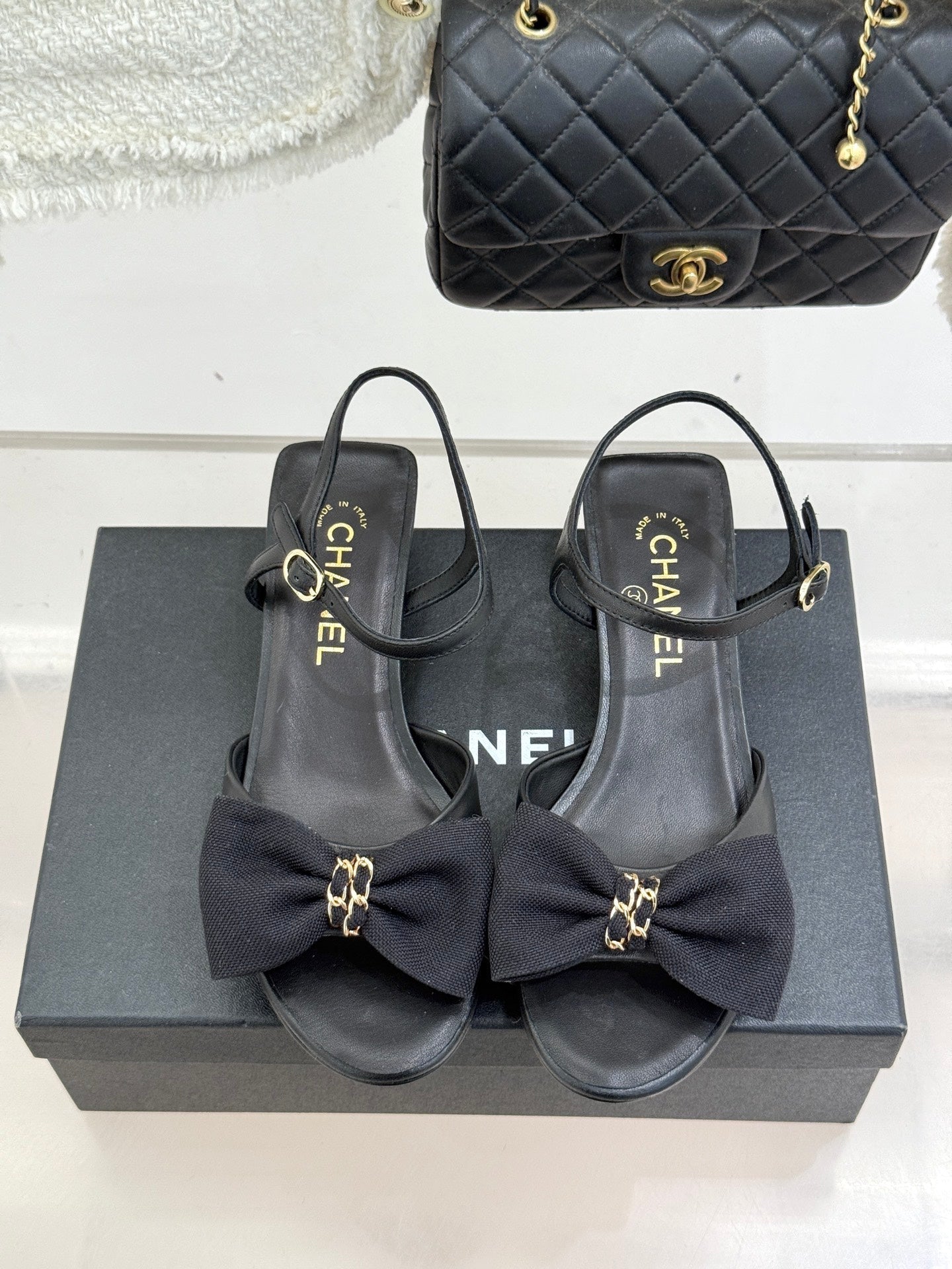 Chanel 26C Chain Bow Chunky Heel Sandals Black in Cowhide 615992