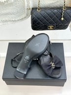 Chanel 26C Chain Bow Chunky Heel Sandals Black in Cowhide 615992